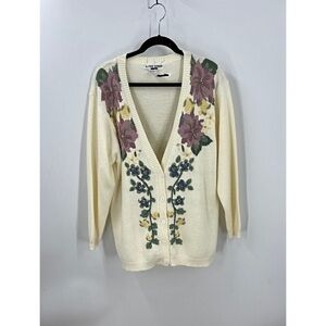Vintage Alford Dunner floral embroidered button front cardigan sweater L